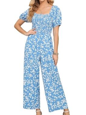 Welove Fashion Blue Floral Smocked Puff Sleeve Wide Leg Jumpsuit Pockets Boho XL